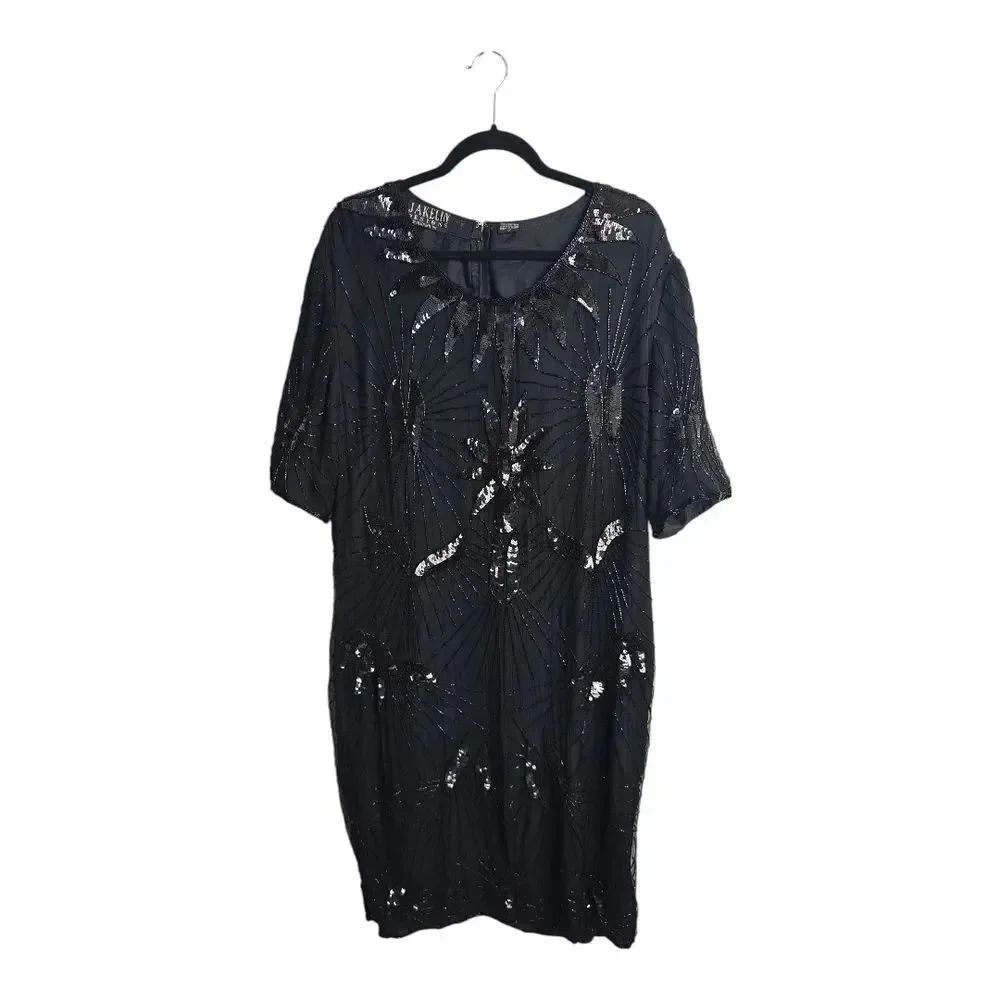 Vintage Jakelin Designs Silk Beaded Chic Black Sequin Midi Dress Size 1X